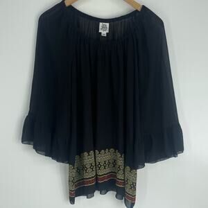 Ivy Jane Black Boho Top Bell Sleeves Sheer Lightweight Design Embroidered XS